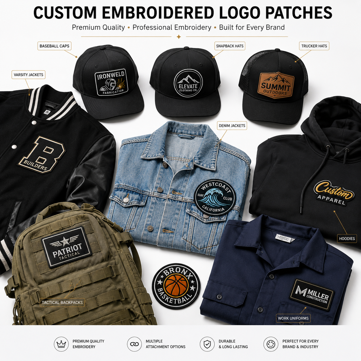 Custom Jacket & Hat Embroidered Patches | Premium Personalized Logo Patches for Caps & Apparel