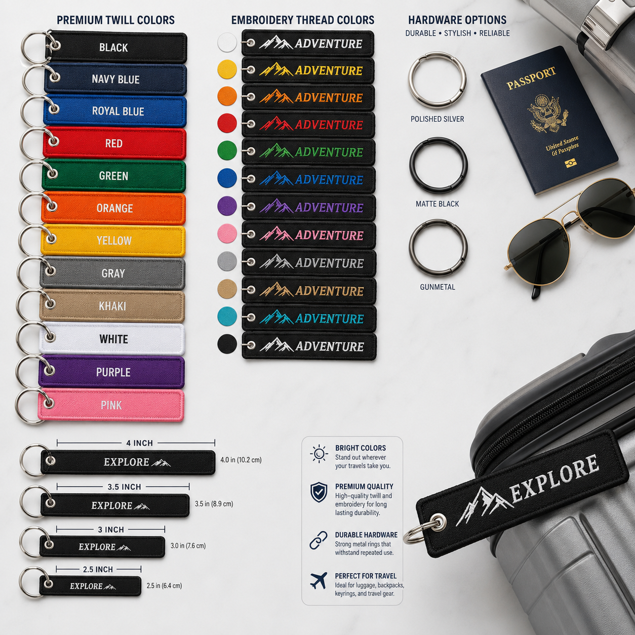 Travel & Luggage Embroidered Keychains | Personalized Travel Tags & Custom Logo Keychains