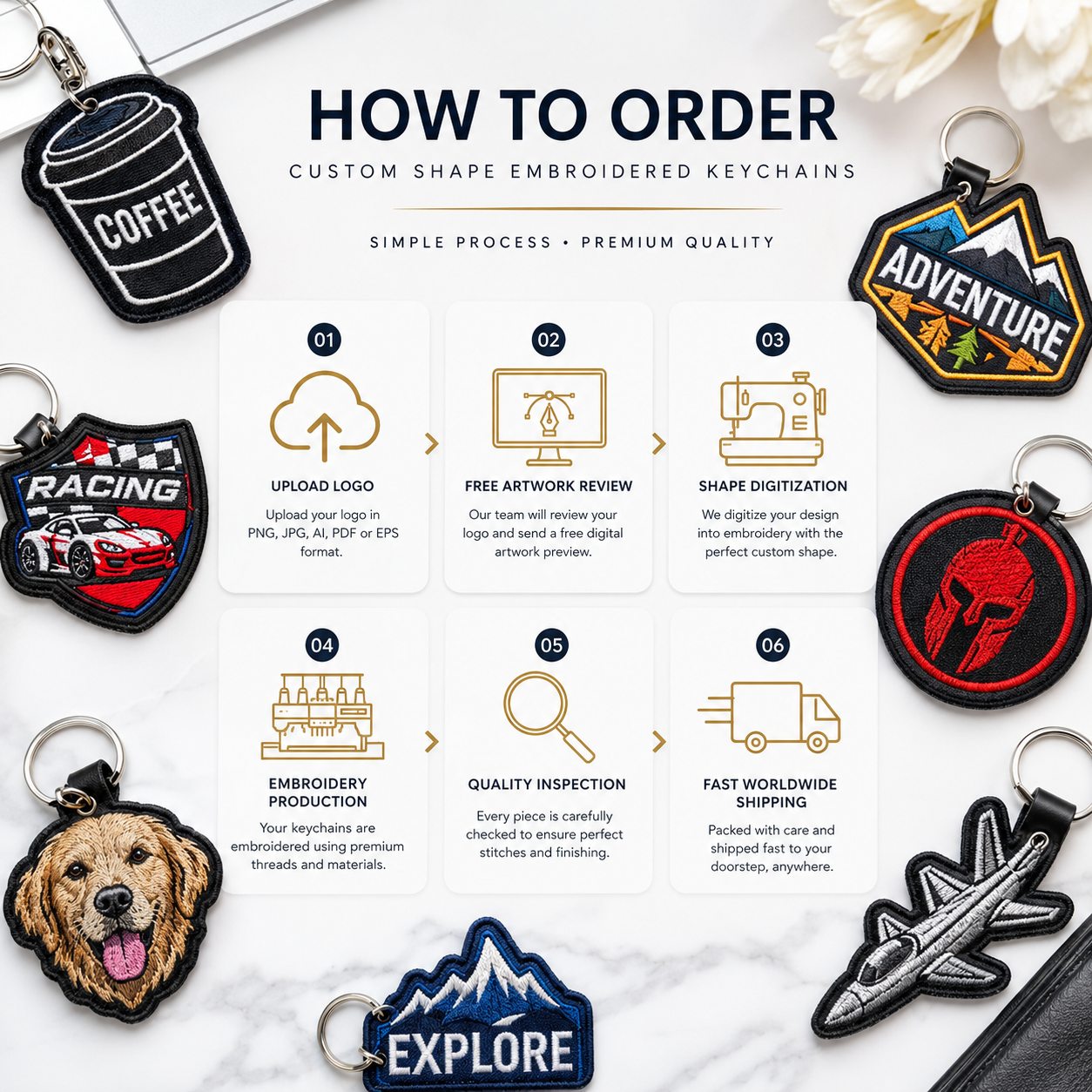 Custom Shape Embroidered Keychains | Personalized Logo Keychains in Any Shape