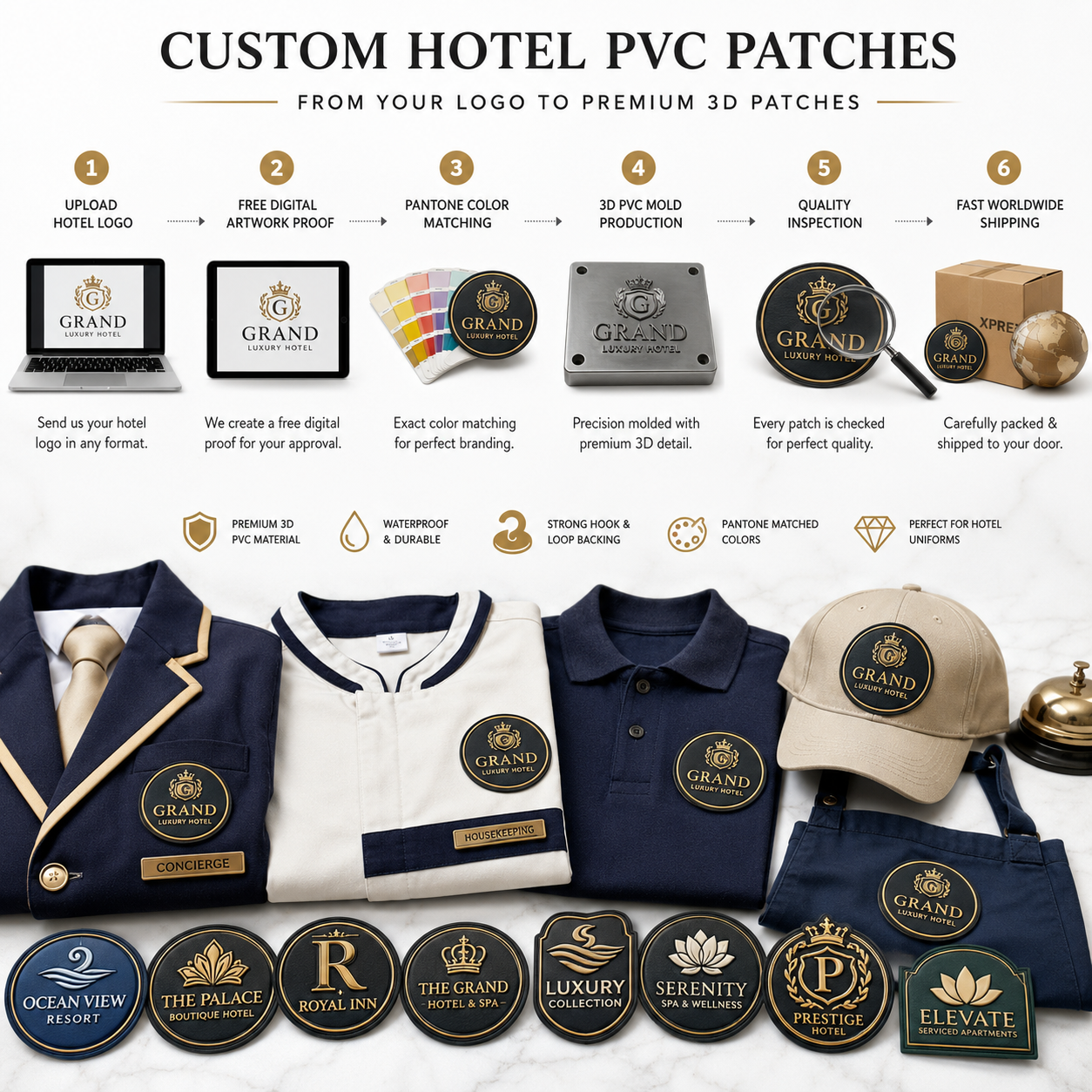 Hotel Uniform PVC Patches | Custom 3D Rubber Logo Patches for Hotels & Hospitality Staff