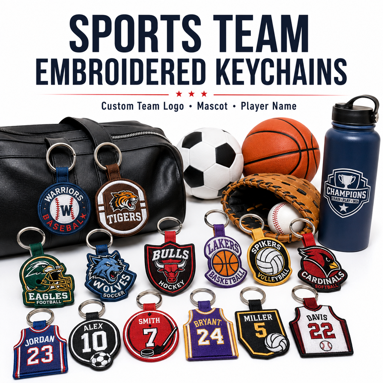 Sports Team Embroidered Keychains | Custom Team Logo, Mascot & Player Name Keychains