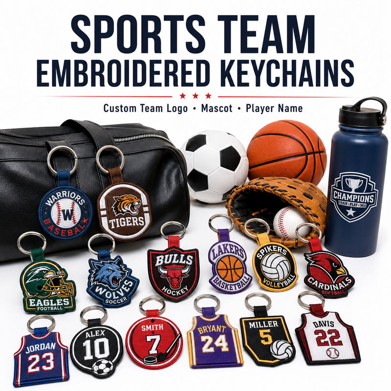 Sports Team Embroidered Keychains | Custom Team Logo, Mascot & Player Name Keychains