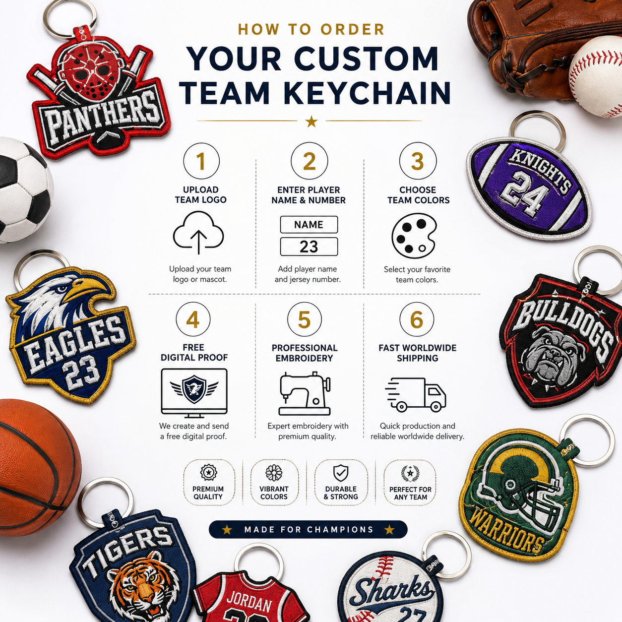Sports Team Embroidered Keychains | Custom Team Logo, Mascot & Player Name Keychains