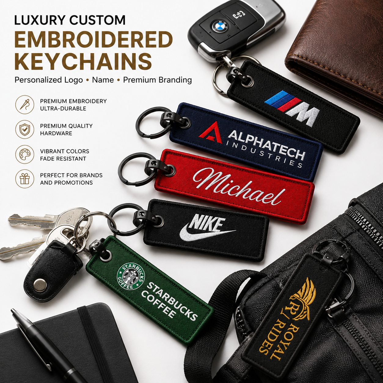 Luxury Custom Embroidered Keychains | Personalized Logo, Name & Premium Promotional Keychains