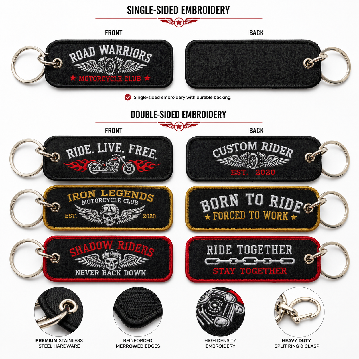 Custom Motorcycle Embroidered Keychains | Personalized Biker Logo & Motorcycle Club Keychains