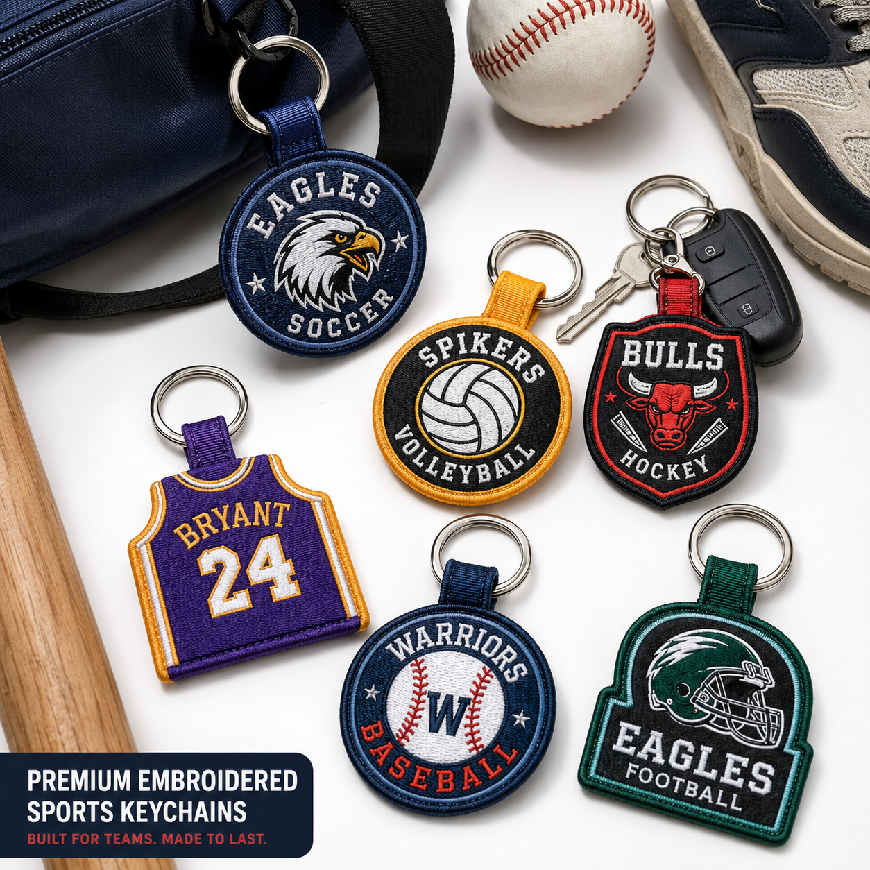 Sports Team Embroidered Keychains | Custom Team Logo, Mascot & Player Name Keychains