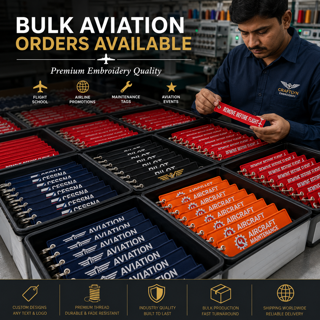 Aviation Flight Tag Keychains | Custom Embroidered Remove Before Flight Jet Tags