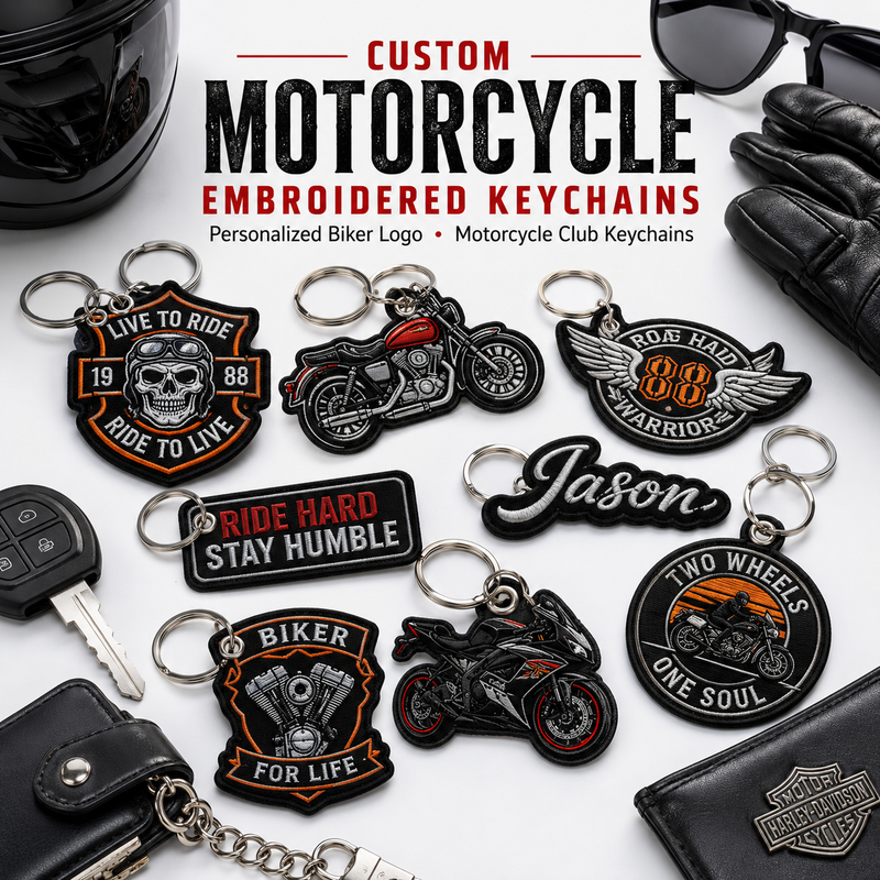 Custom Motorcycle Embroidered Keychains | Personalized Biker Logo & Motorcycle Club Keychains