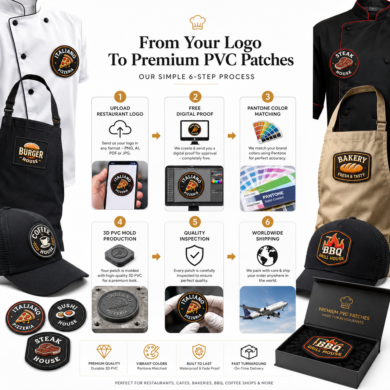 Restaurant Logo PVC Patches | Custom 3D Rubber Logo Patches for Restaurant Uniforms & Aprons