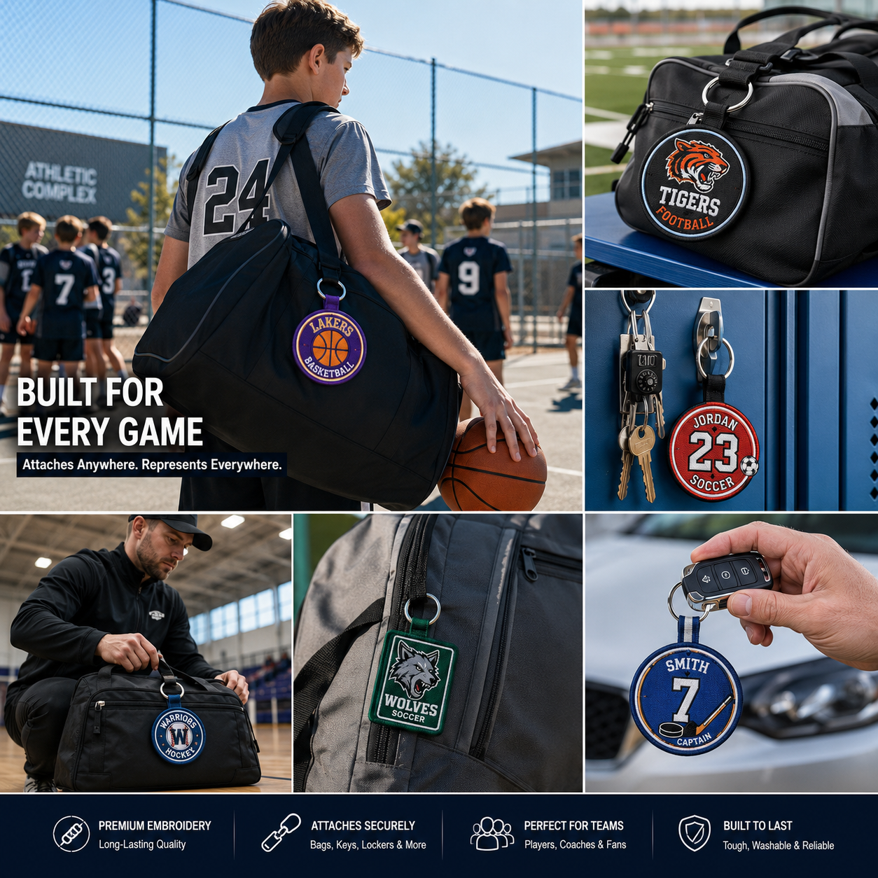 Sports Team Embroidered Keychains | Custom Team Logo, Mascot & Player Name Keychains