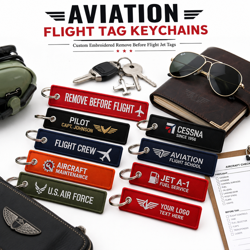 Aviation Flight Tag Keychains | Custom Embroidered Remove Before Flight Jet Tags
