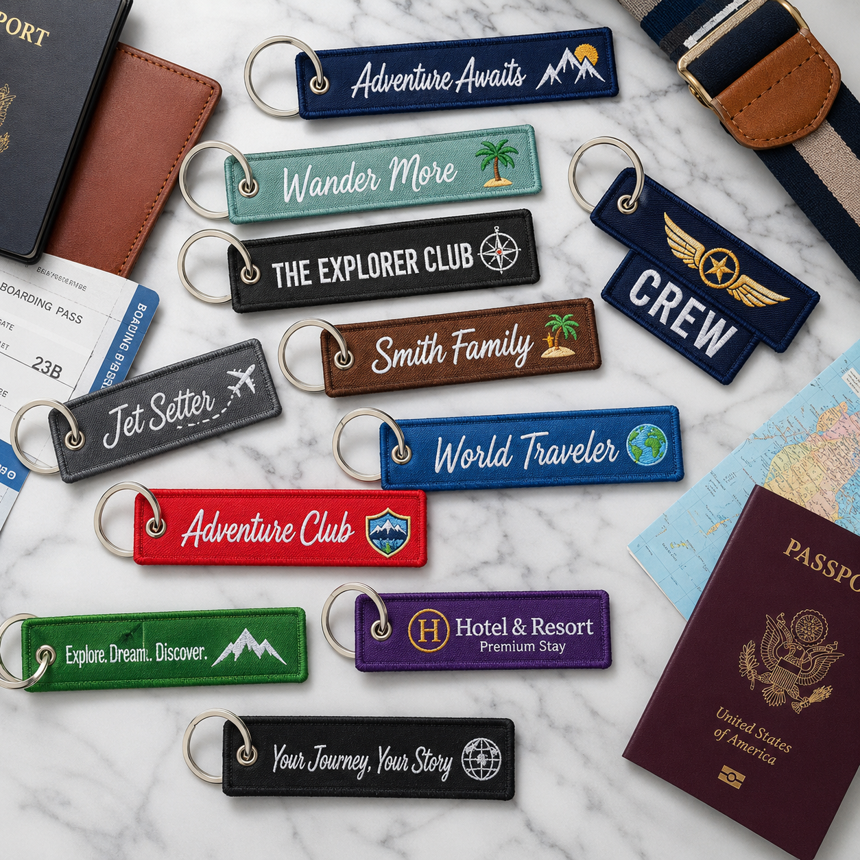 Travel & Luggage Embroidered Keychains | Personalized Travel Tags & Custom Logo Keychains