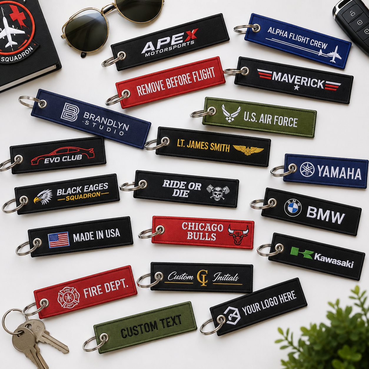 Custom Embroidered Flight Tag Keychains | Personalized Logo, Name & Jet Tag Keychains