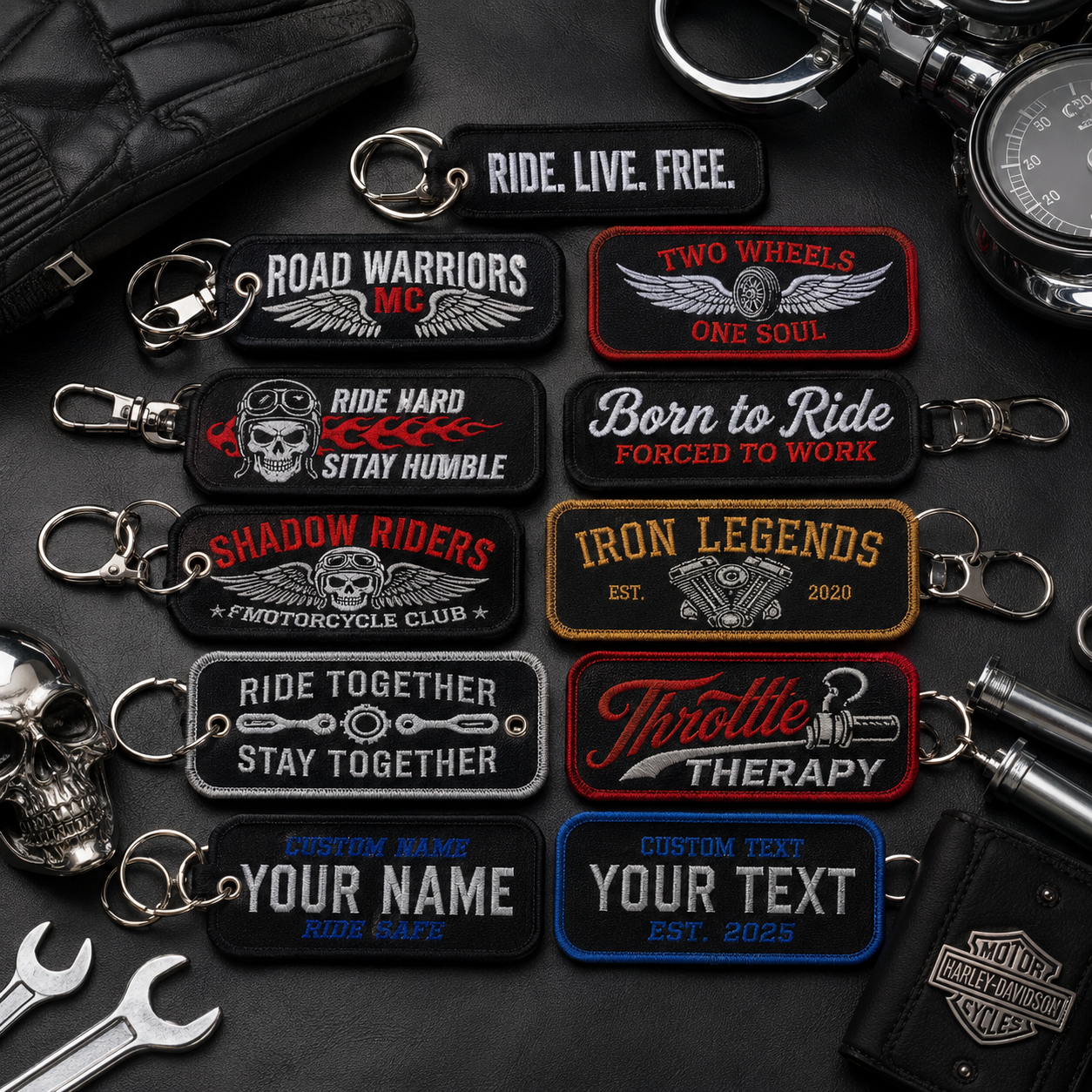 Custom Motorcycle Embroidered Keychains | Personalized Biker Logo & Motorcycle Club Keychains
