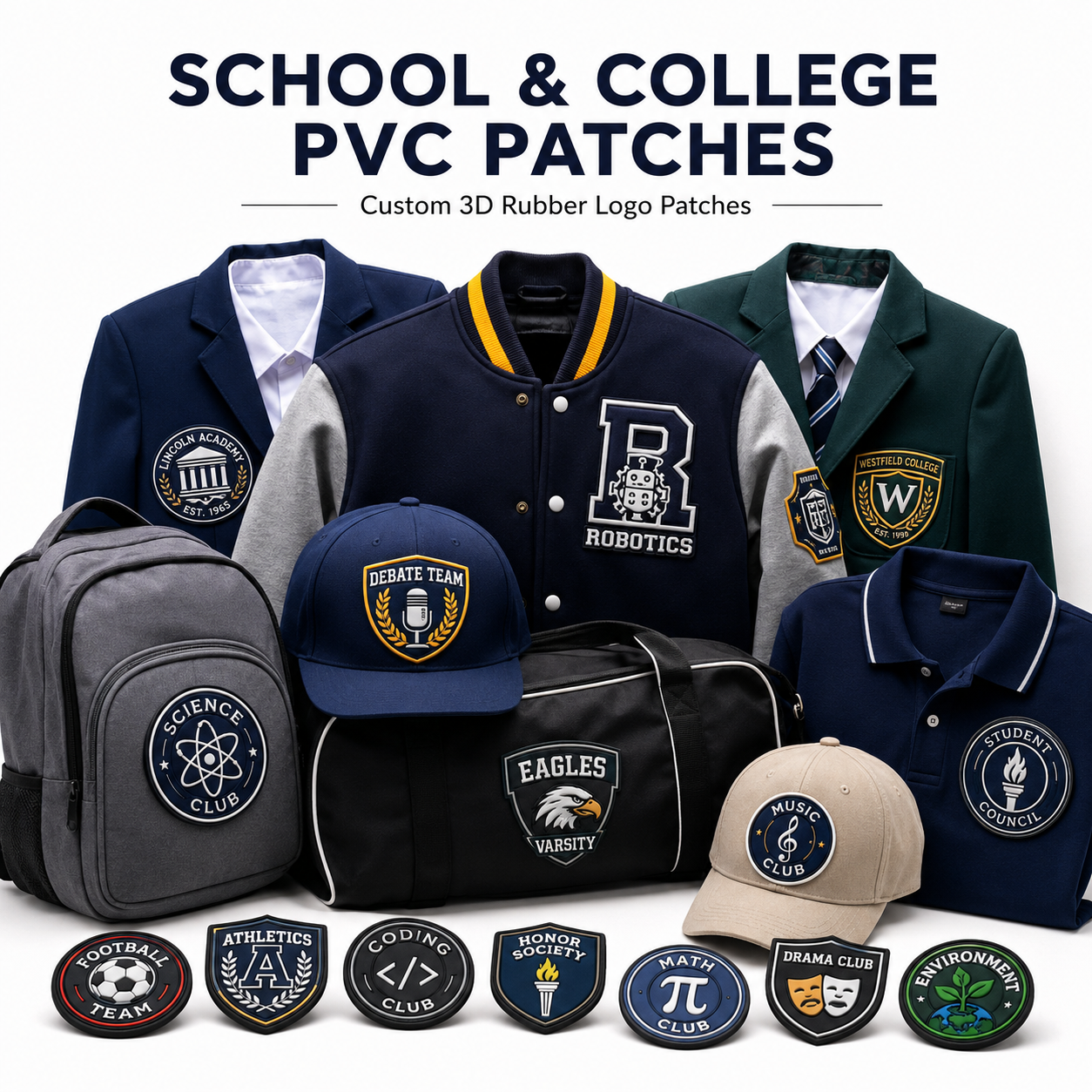 School & College PVC Patches | Custom 3D Rubber Logo Patches for Uniforms, Clubs & Teams