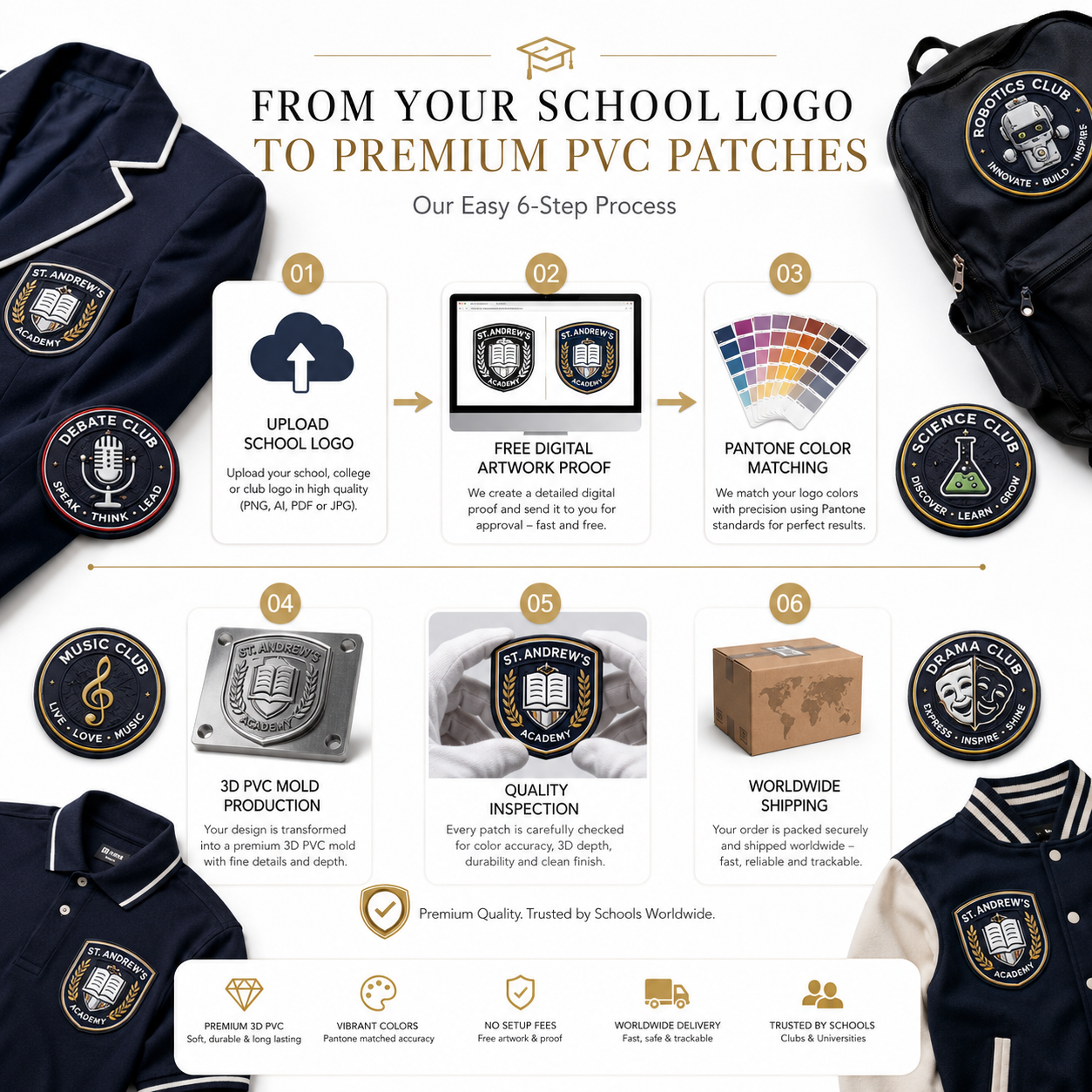 School & College PVC Patches | Custom 3D Rubber Logo Patches for Uniforms, Clubs & Teams