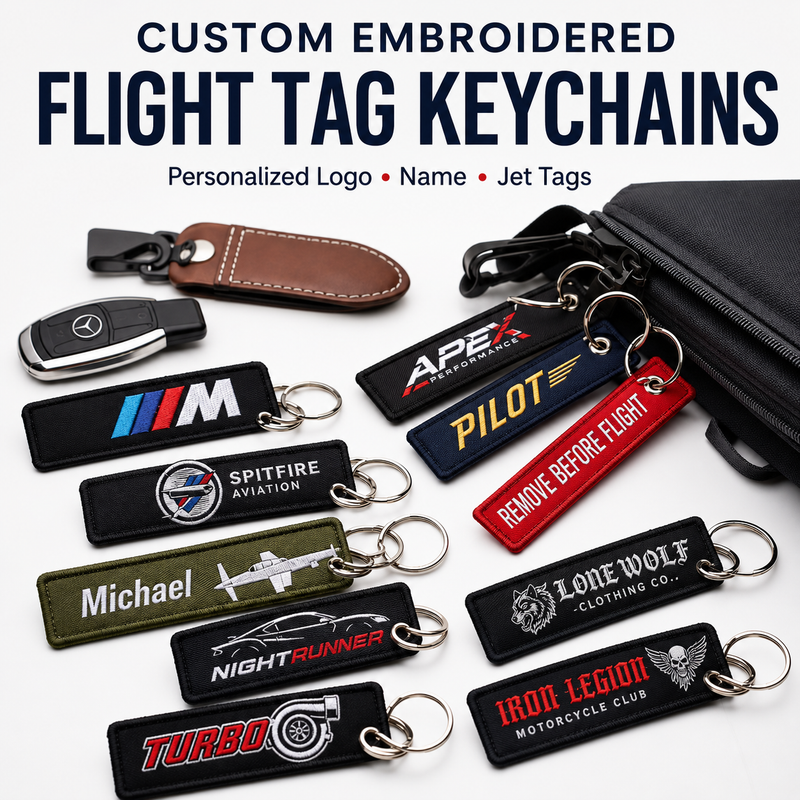 Custom Embroidered Flight Tag Keychains | Personalized Logo, Name & Jet Tag Keychains
