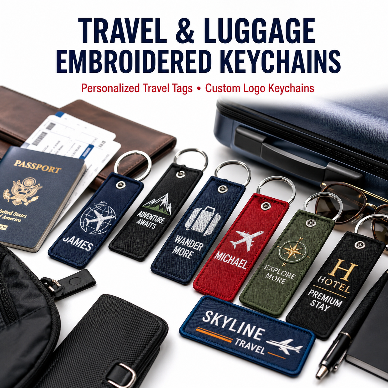 Travel & Luggage Embroidered Keychains | Personalized Travel Tags & Custom Logo Keychains
