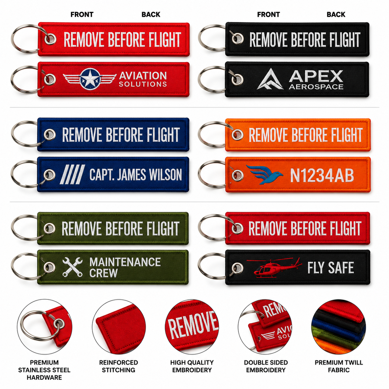 Aviation Flight Tag Keychains | Custom Embroidered Remove Before Flight Jet Tags
