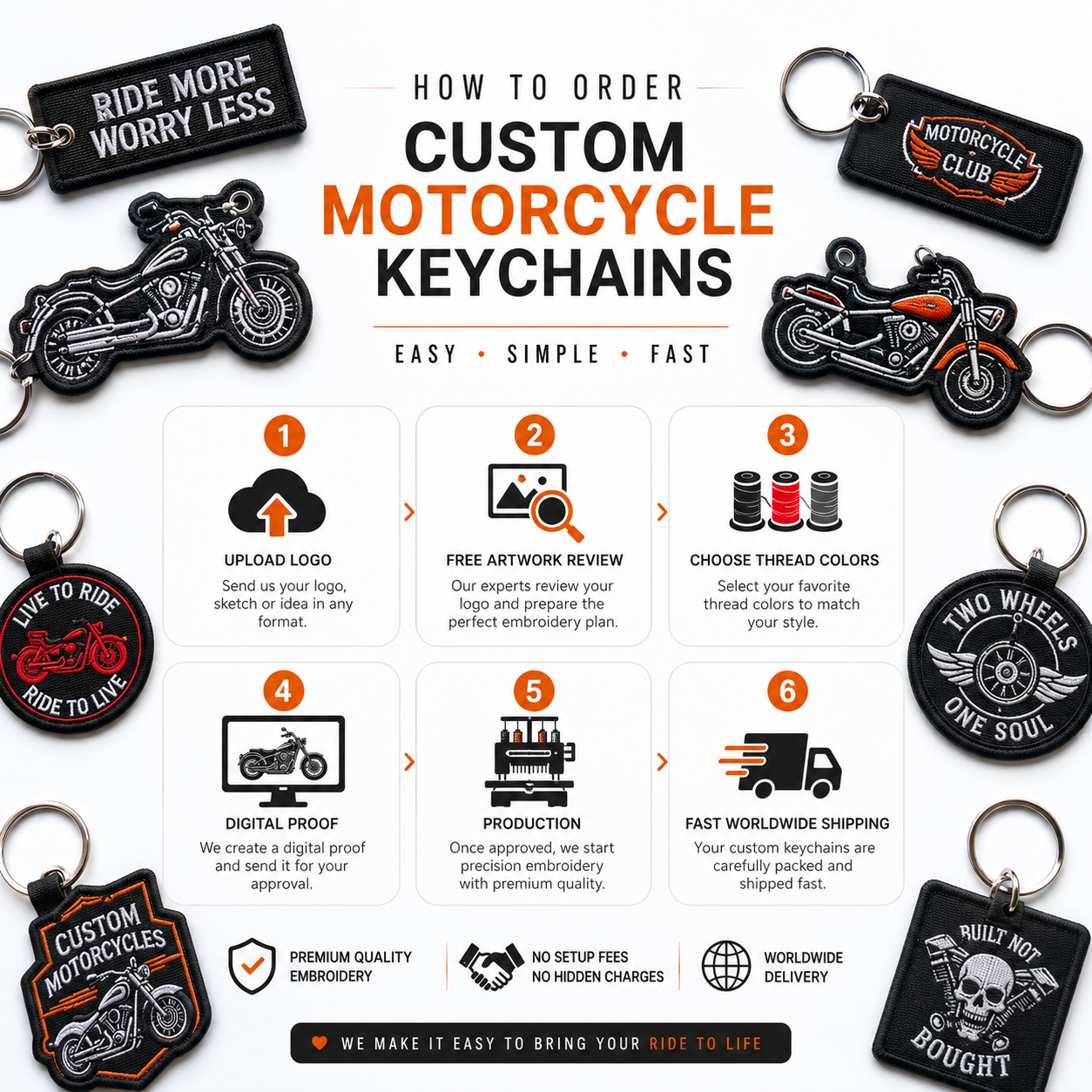 Custom Motorcycle Embroidered Keychains | Personalized Biker Logo & Motorcycle Club Keychains